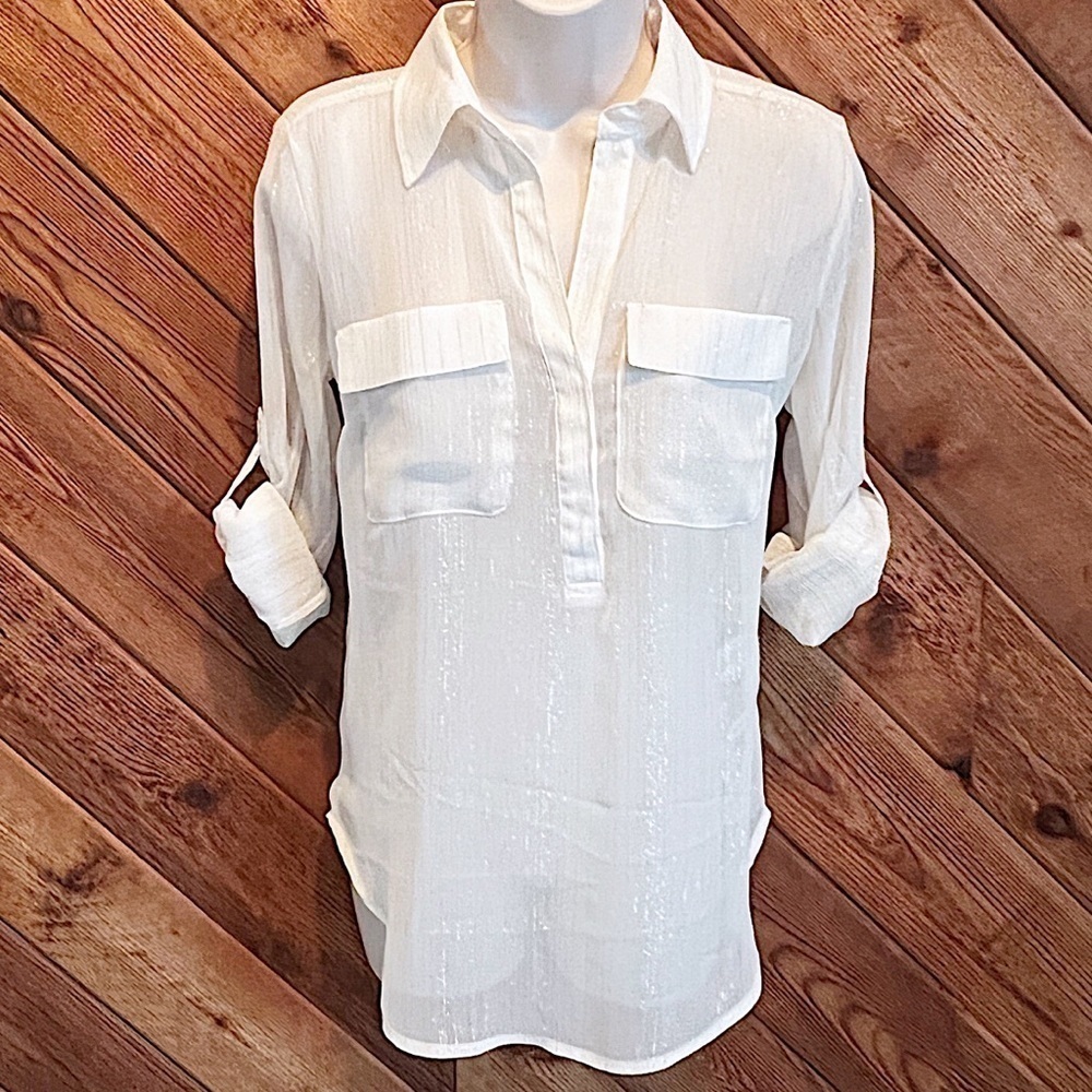 🆕 New York & Company sheer collared pullover blouse top white silver striped xs